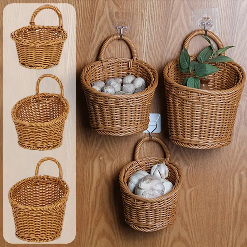 Wall-mounted Vegetable Basket Fruit and Sundry Basket Natural Wicker Weave Storage Basket Kitchen Storage Home Decoration