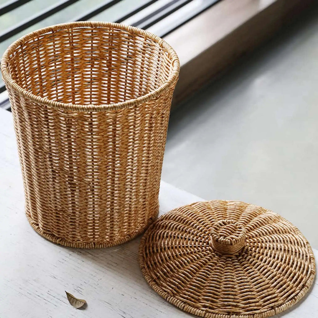 Woven Basket Trash Can Round Rattan Waste Basket with Lid Planter Woven Storage Baskets Wicker Wastebasket Garbage Bin