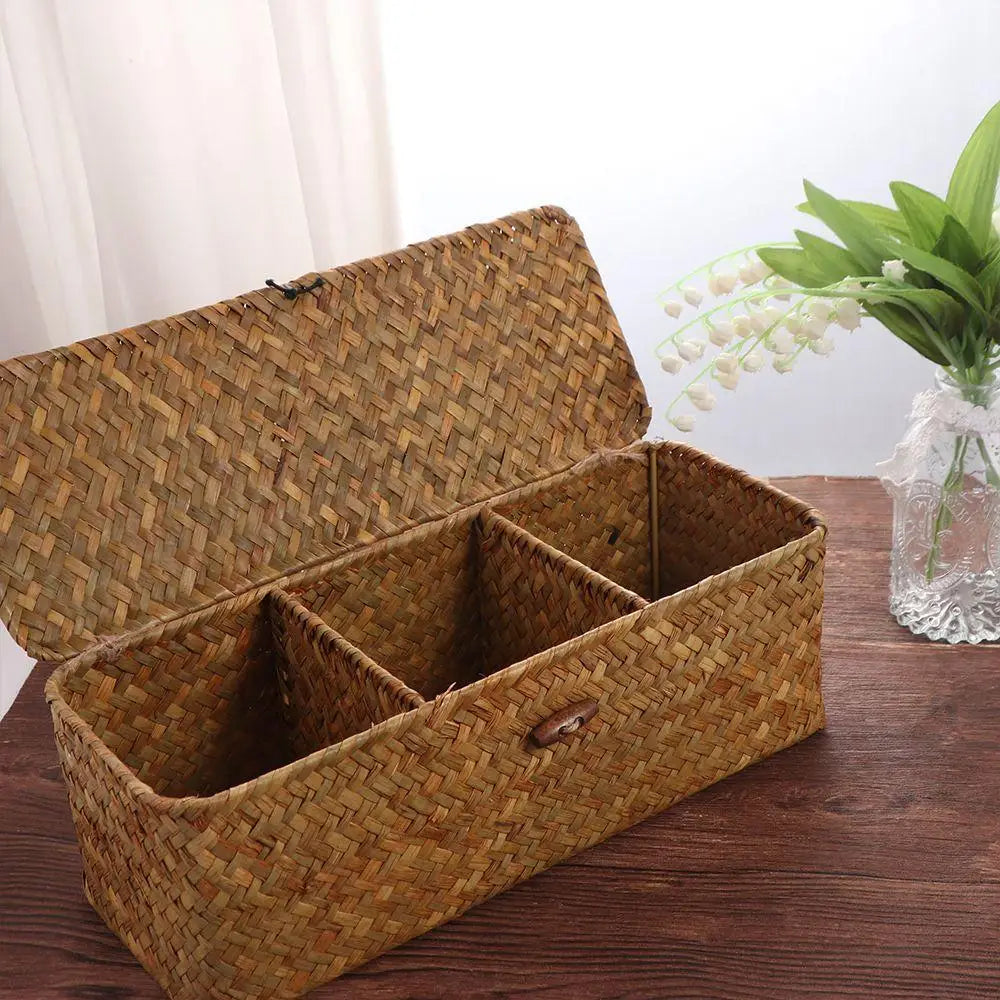 Handmade Hand Woven Storage Baskets Dustproof Rectangular 3 Grid Handwoven Storage Basket with Lid Rattan Divider Storage Box