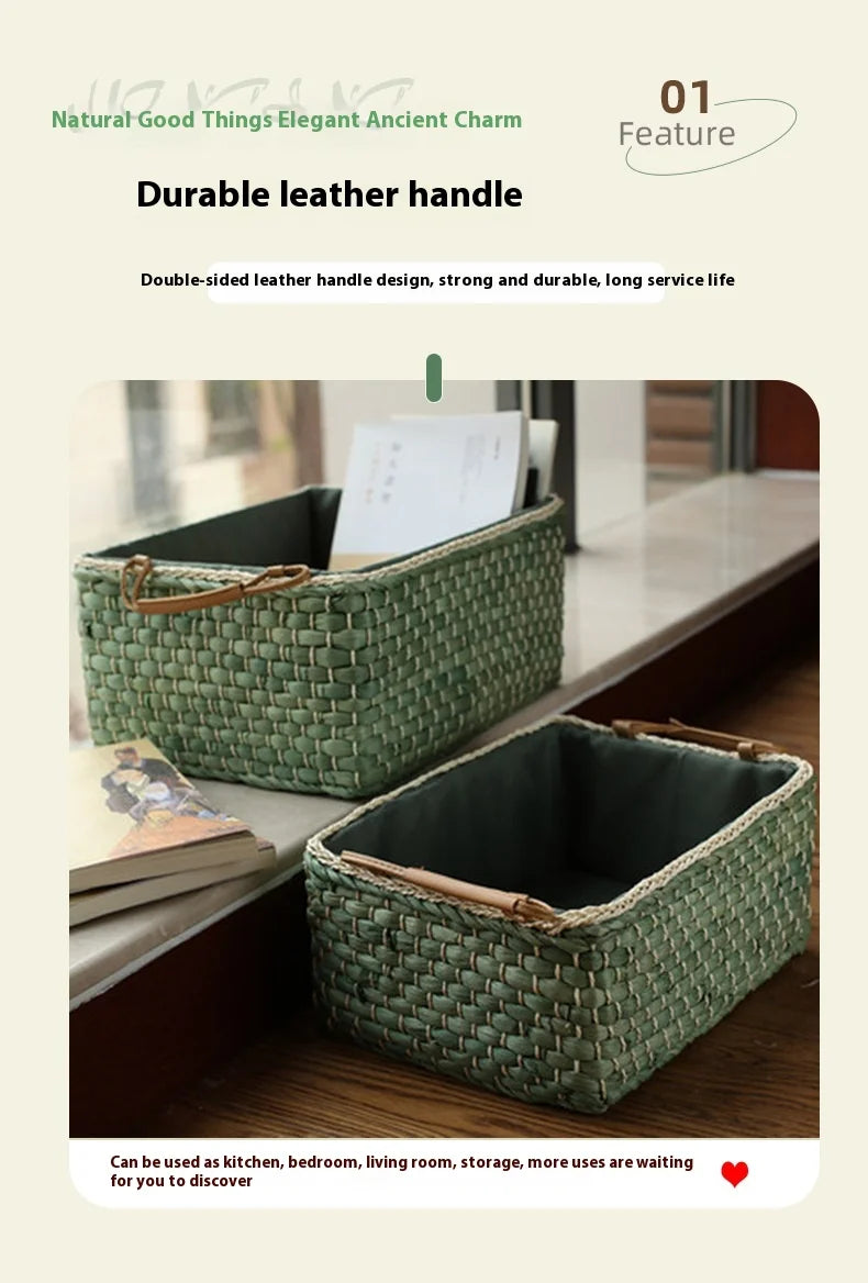 Environmentally Friendly Handmade Rattan Storage Basket Corn Skin Storage Box Coffee Table Desktop Living Room Storage Basket