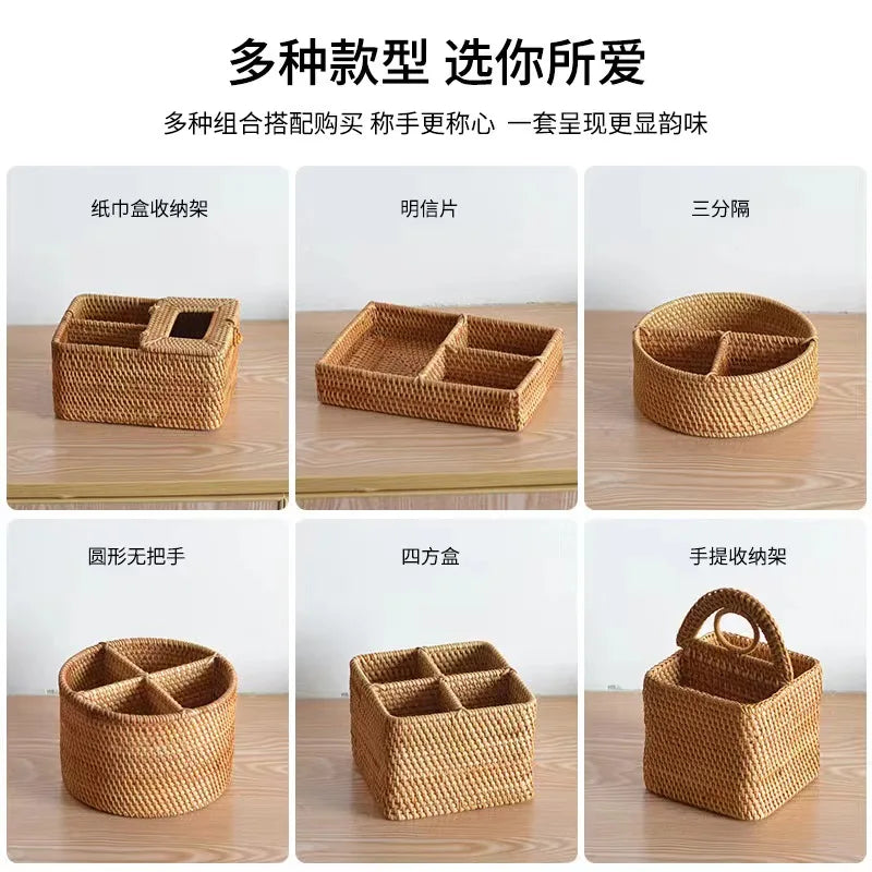 Hand-woven Wicker Desktop Storage Basket Portable Four-compartment Storage Fruit Basket Household Storage Basket Home Decoration