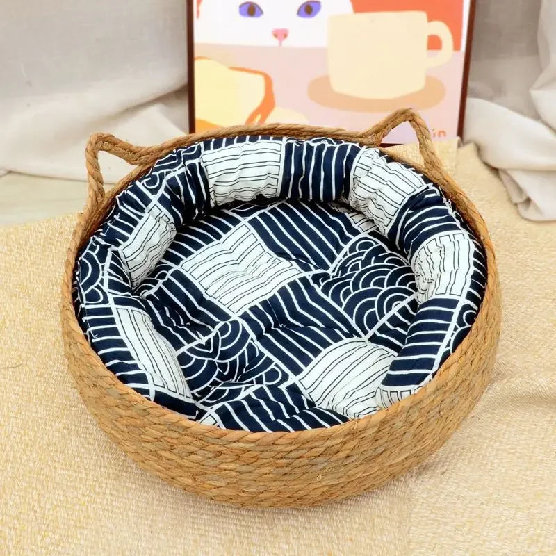 Four Seasons Cat Bed Woven Removable Upholstery Sleeping House Cat Scratch Floor Rattan Washable Cats Pet Products Accessories