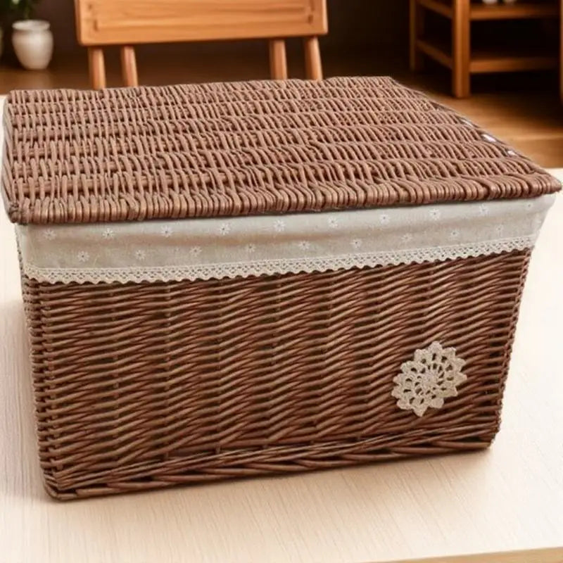 Woven Rattan Basket with Cover Natural Fiber Storage Bin for Home Organization Bedroom Living Room Desk Decorative Wicker Box