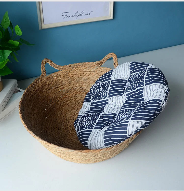 OUZEY Rattan Woven Pet Cat Bed With Cushion Soft Warm Comfortable Sleeping Basket For Cats Four Seasons Puppy Kitten Bed