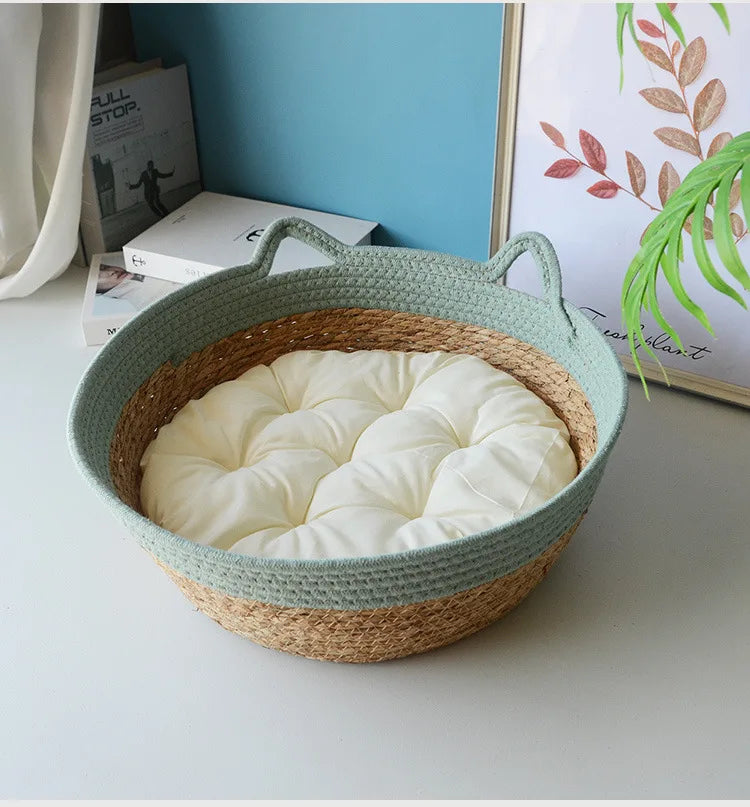 OUZEY Rattan Woven Pet Cat Bed With Cushion Soft Warm Comfortable Sleeping Basket For Cats Four Seasons Puppy Kitten Bed