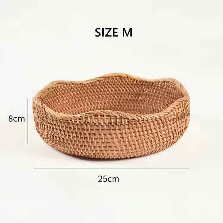 Round Rattan Fruit Basket, Wicker Woven Snack Tray, ,Bread Food Organizer, Kitchen Storage, Home Decoration