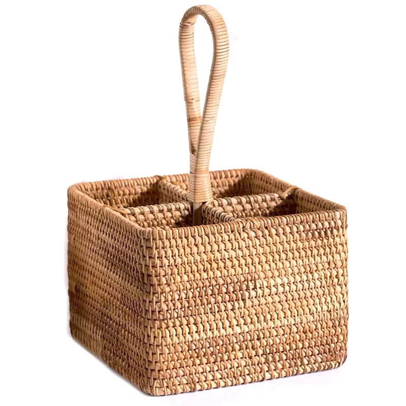 Hand-woven Wicker Desktop Storage Basket Portable Four-compartment Storage Fruit Basket Household Storage Basket Home Decoration