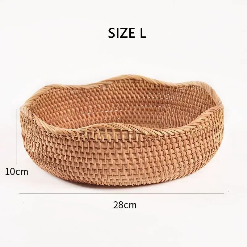 Round Rattan Fruit Basket, Wicker Woven Snack Tray, ,Bread Food Organizer, Kitchen Storage, Home Decoration