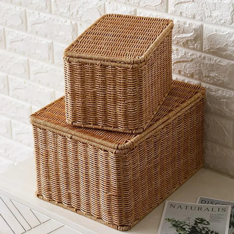 Waterproof storage box with cover mitation wicker rattan woven wardrobe storage kitchen clothing organizer box wicker basket