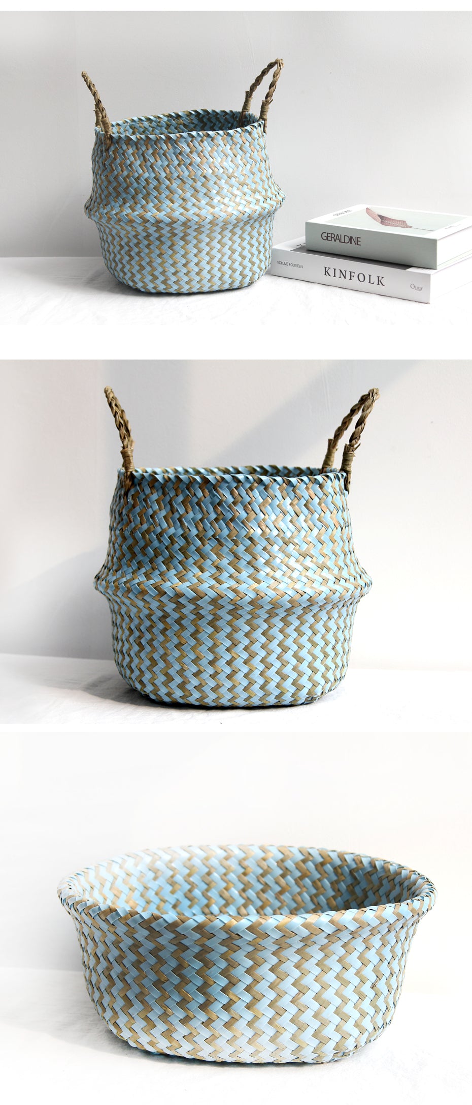 Boho Decor Striped Wicker Storage Baskets Handmade Collapsible Laundry Basket Patchwork Seaweed Flower Belly Garden Flower Pot
