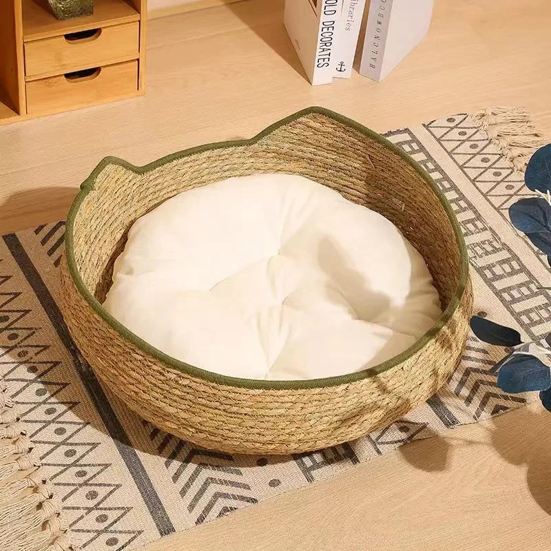 Natural Cat Bed Straw Nest Woven Pet House Handmade Braided Cattail Leaf with Soft Cushion