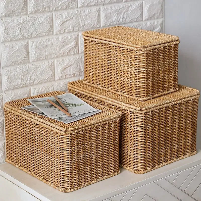 Waterproof storage box with cover mitation wicker rattan woven wardrobe storage kitchen clothing organizer box wicker basket