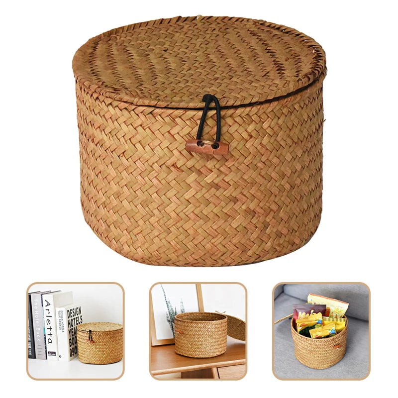 Round Handmade Seagrass Storage Box Decorative ganizer Baskets Toilet Paper Holder Gift Container Woven Desktop Basket For