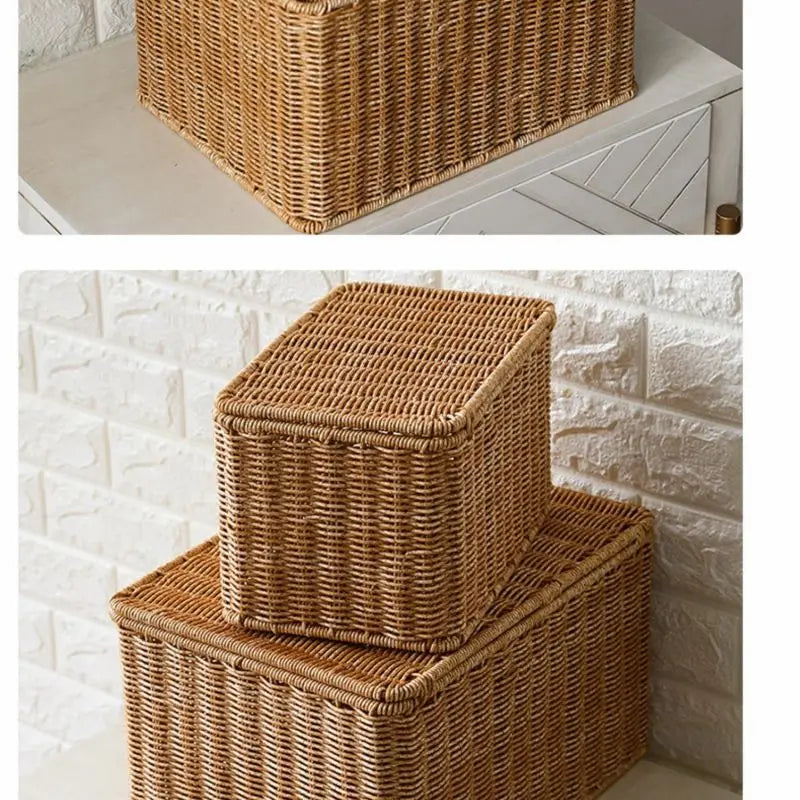 Waterproof storage box with cover mitation wicker rattan woven wardrobe storage kitchen clothing organizer box wicker basket