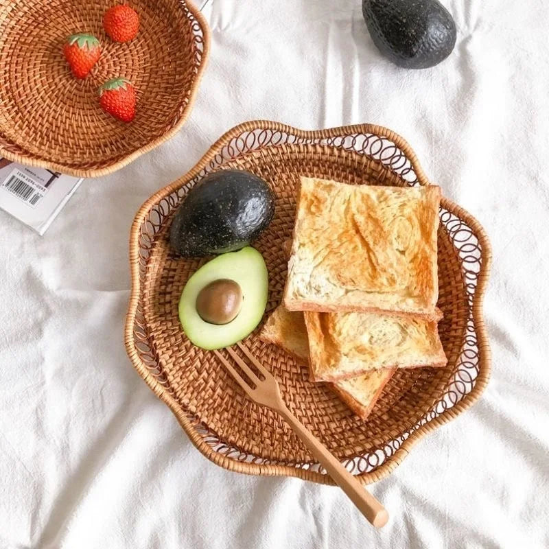 Round Rattan Fruit Basket, Wicker Woven Snack Tray, ,Bread Food Organizer, Kitchen Storage, Home Decoration