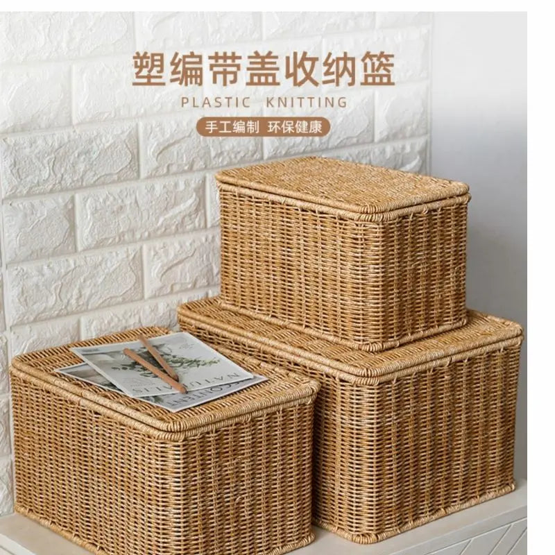 Waterproof storage box with cover mitation wicker rattan woven wardrobe storage kitchen clothing organizer box wicker basket