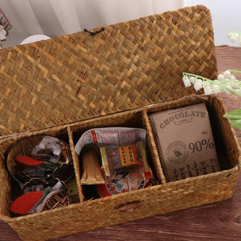 Handmade Hand Woven Storage Baskets Dustproof Rectangular 3 Grid Handwoven Storage Basket with Lid Rattan Divider Storage Box