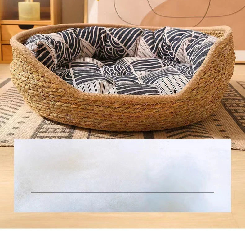 Natural Cat Bed Straw Nest Woven Pet House Handmade Braided Cattail Leaf with Soft Cushion