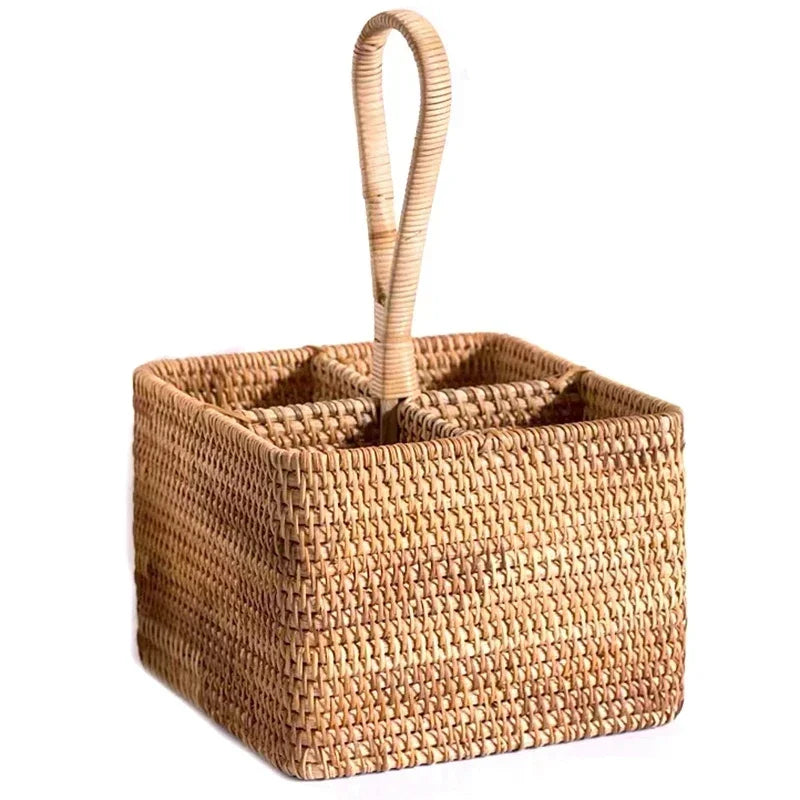 Hand-woven Wicker Desktop Storage Basket Portable Four-compartment Storage Fruit Basket Household Storage Basket Home Decoration
