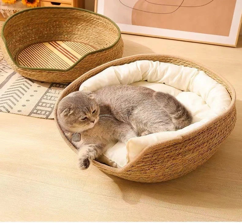 Natural Cat Bed Straw Nest Woven Pet House Handmade Braided Cattail Leaf with Soft Cushion