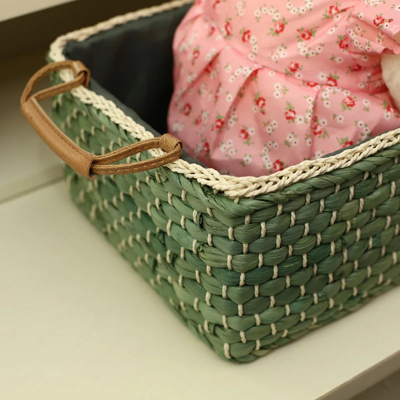 Environmentally Friendly Handmade Rattan Storage Basket Corn Skin Storage Box Coffee Table Desktop Living Room Storage Basket