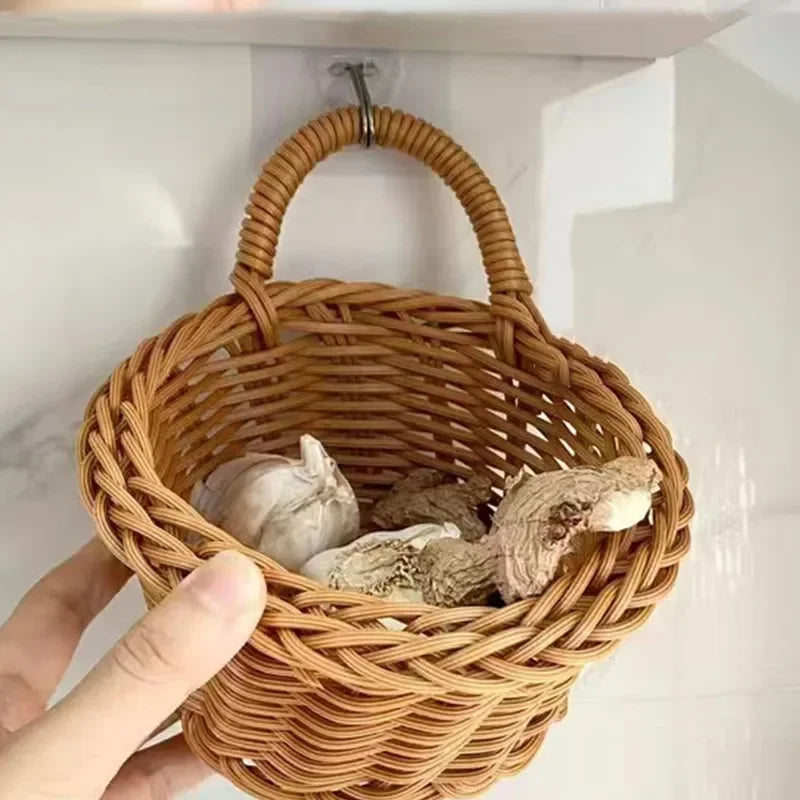 Wall-mounted Vegetable Basket Fruit and Sundry Basket Natural Wicker Weave Storage Basket Kitchen Storage Home Decoration