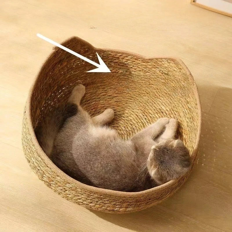 Natural Cat Bed Straw Nest Woven Pet House Handmade Braided Cattail Leaf with Soft Cushion