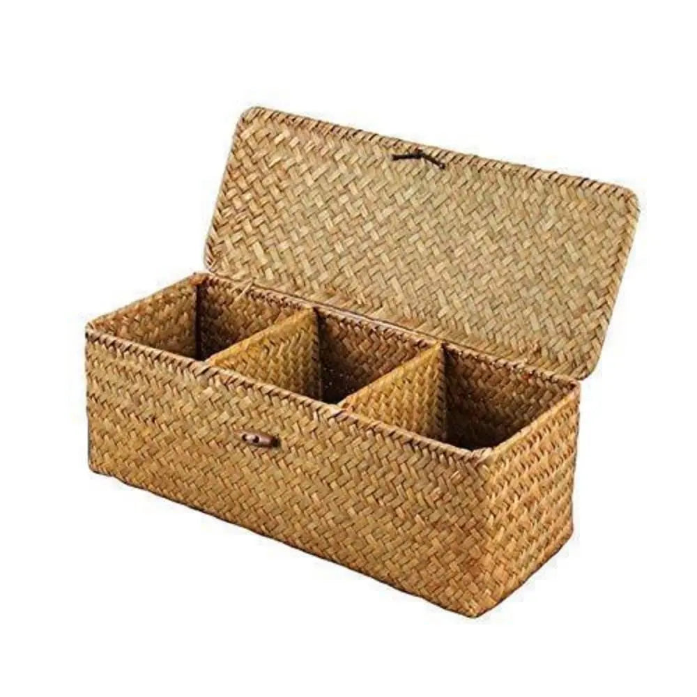 Handmade Hand Woven Storage Baskets Dustproof Rectangular 3 Grid Handwoven Storage Basket with Lid Rattan Divider Storage Box