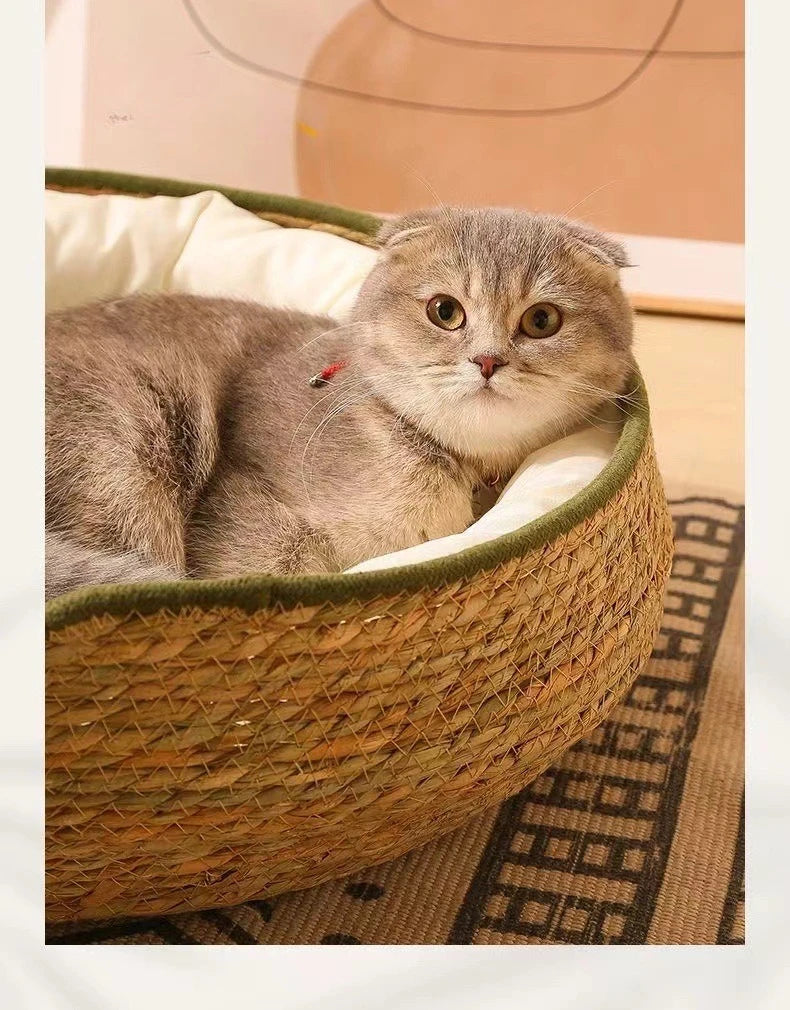 Natural Cat Bed Straw Nest Woven Pet House Handmade Braided Cattail Leaf with Soft Cushion