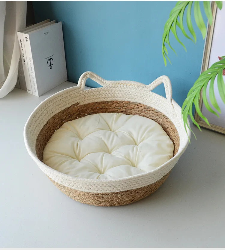 OUZEY Rattan Woven Pet Cat Bed With Cushion Soft Warm Comfortable Sleeping Basket For Cats Four Seasons Puppy Kitten Bed
