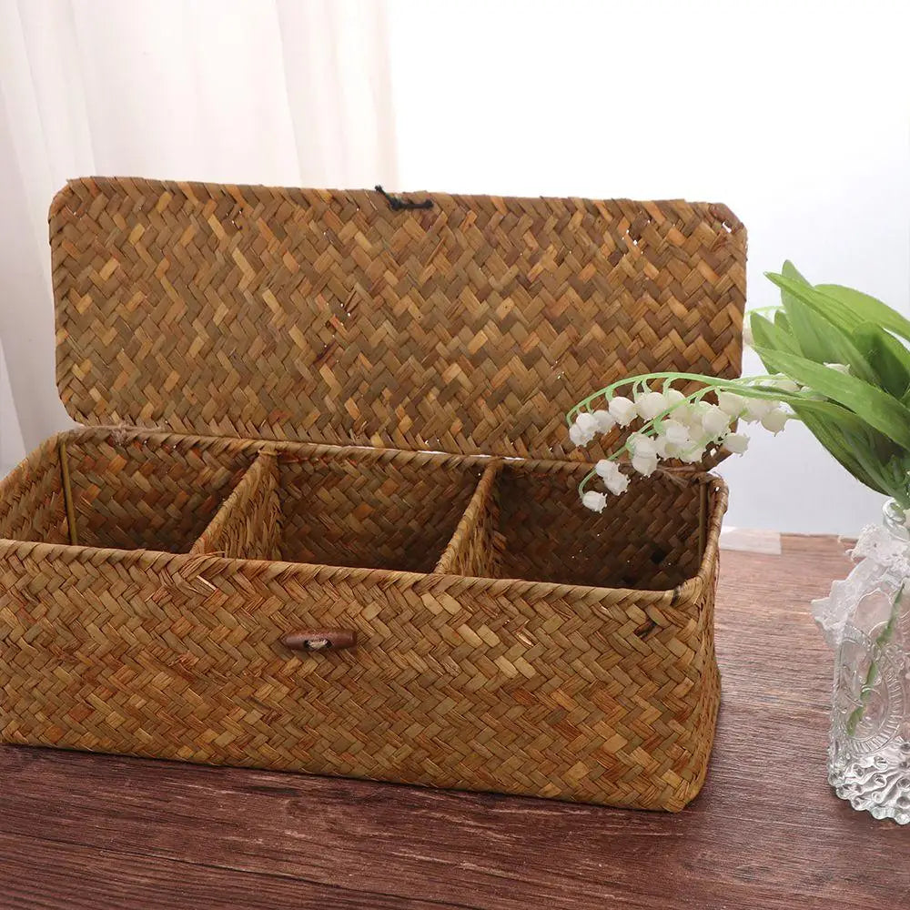 Handmade Hand Woven Storage Baskets Dustproof Rectangular 3 Grid Handwoven Storage Basket with Lid Rattan Divider Storage Box