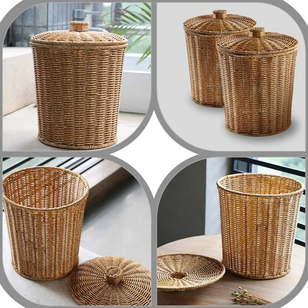 Woven Basket Trash Can Round Rattan Waste Basket with Lid Planter Woven Storage Baskets Wicker Wastebasket Garbage Bin