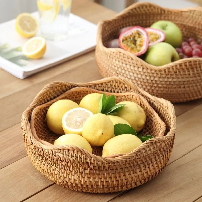 Round Rattan Fruit Basket, Wicker Woven Snack Tray, ,Bread Food Organizer, Kitchen Storage, Home Decoration