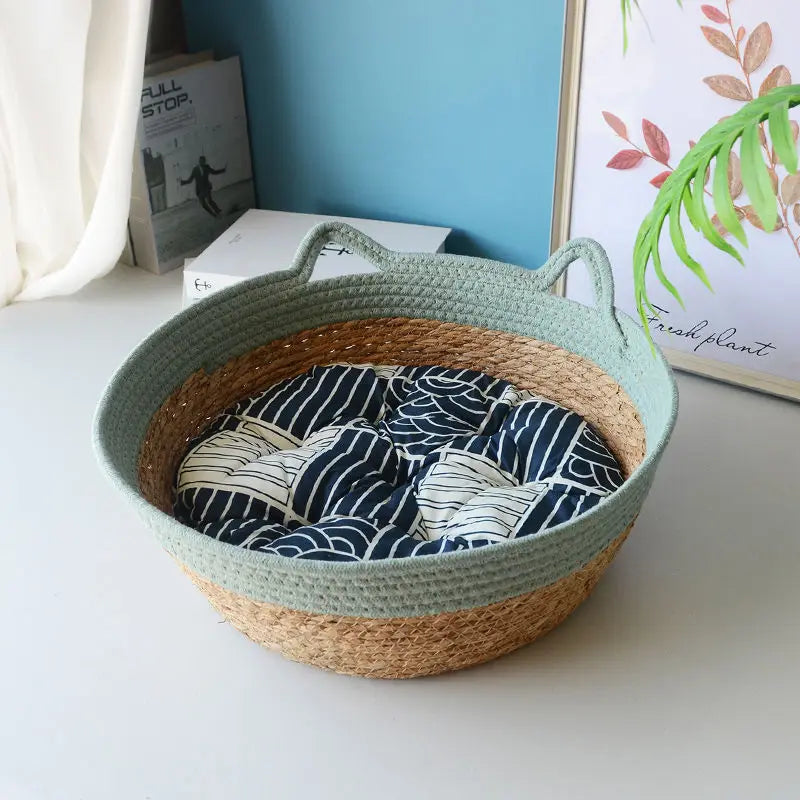 OUZEY Rattan Woven Pet Cat Bed With Cushion Soft Warm Comfortable Sleeping Basket For Cats Four Seasons Puppy Kitten Bed