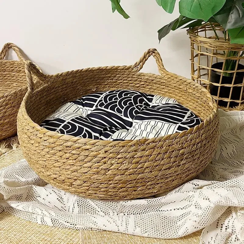 Four Seasons Cat Bed Woven Removable Upholstery Sleeping House Cat Scratch Floor Rattan Washable Cats Pet Products Accessories