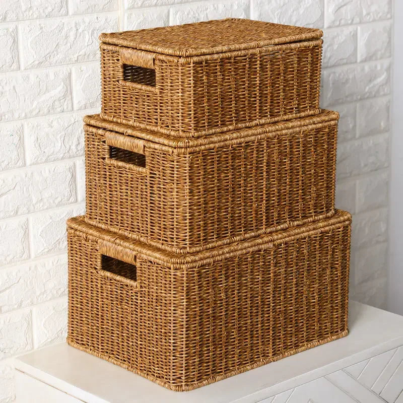 Waterproof storage box with cover mitation wicker rattan woven wardrobe storage kitchen clothing organizer box wicker basket