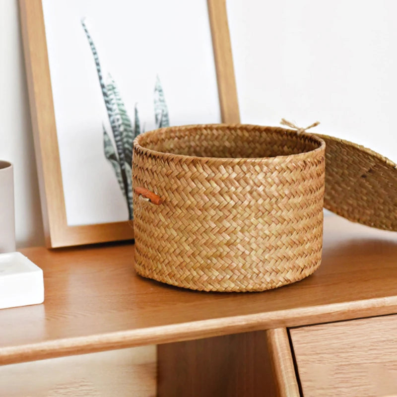 Round Handmade Seagrass Storage Box Decorative ganizer Baskets Toilet Paper Holder Gift Container Woven Desktop Basket For